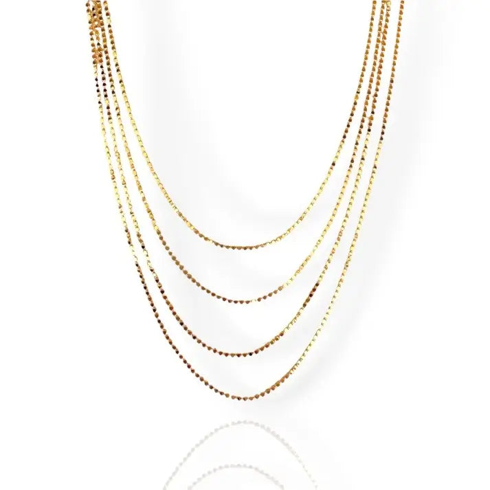 A gold choker necklace with multiple layers and a shiny finish.
