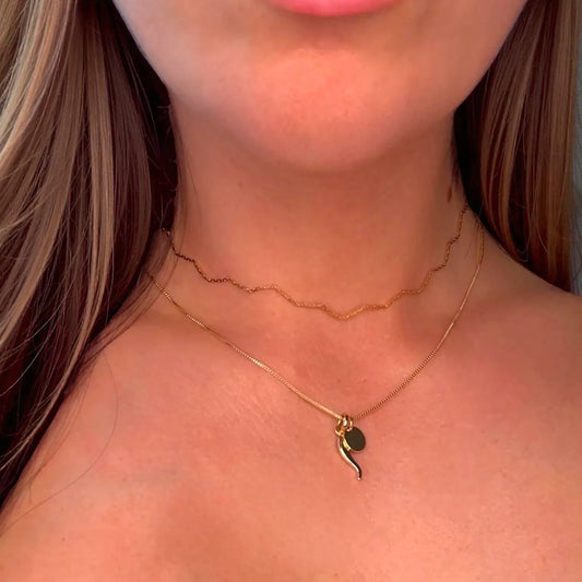A close-up image of a woman's neck wearing a gold-colored necklace with an Italian horn pendant & small go disc pendant. Layered with a dainty zigzag choker