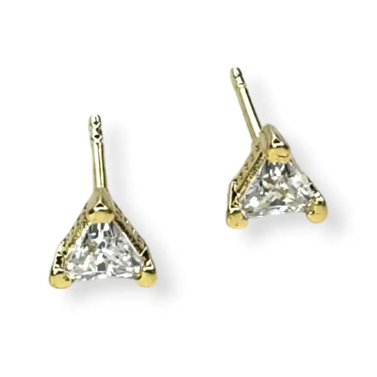 A pair of gold stud earrings with cubic zirconia stones, presented against a white background.