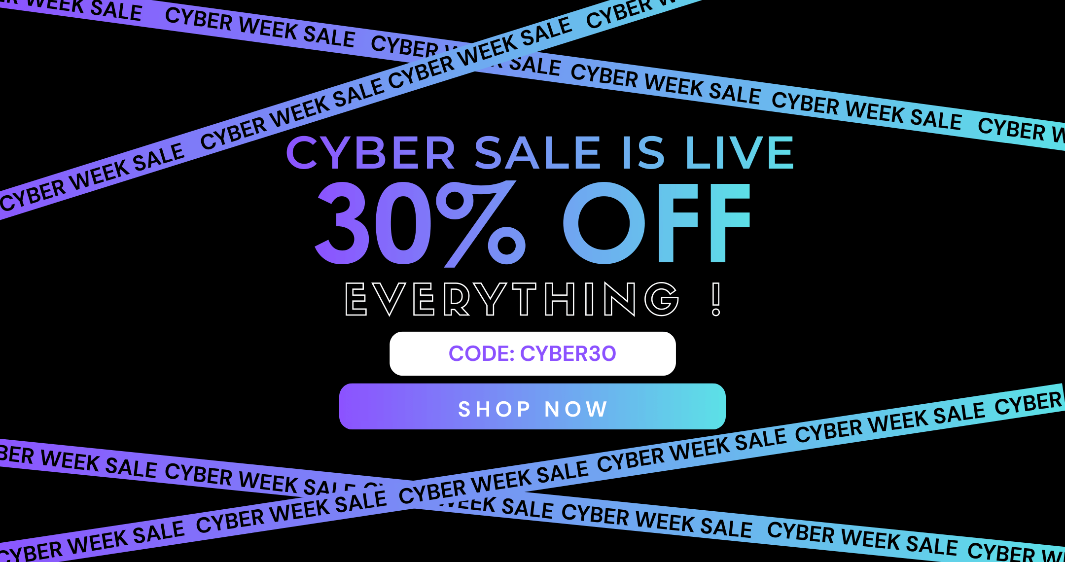 Promotional banner for Cyber Week sale with text and codes on a dark background.