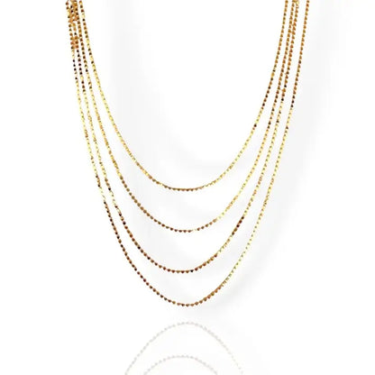 A gold choker necklace with multiple layers and a shiny finish.