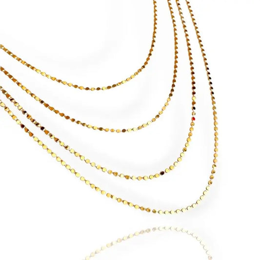 A gold choker necklace with multiple layers and a shiny finish.