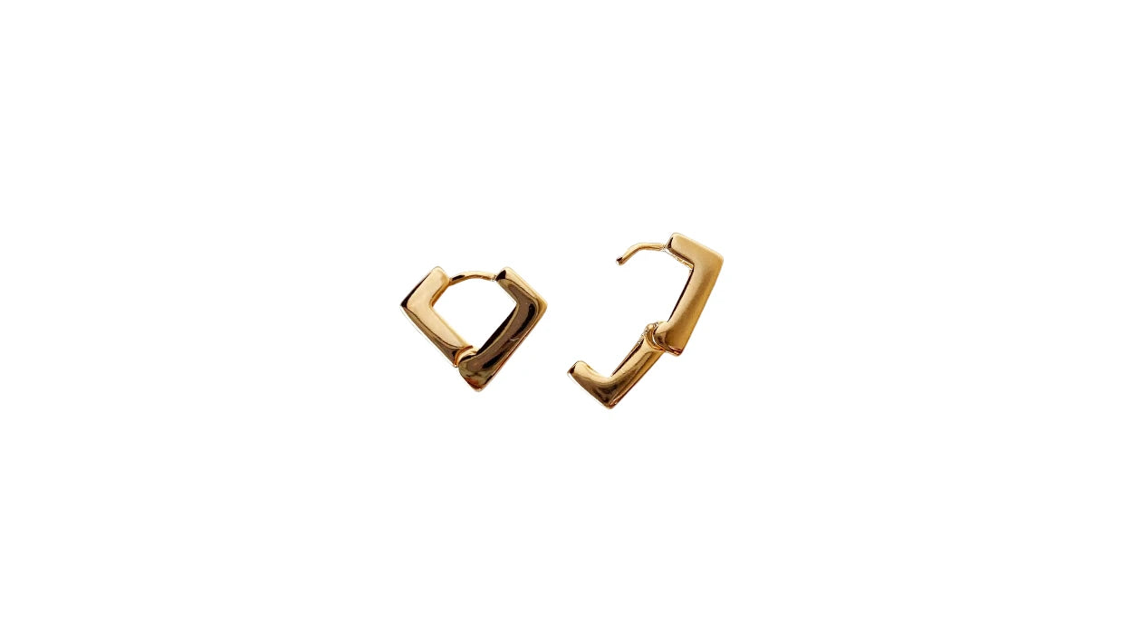 Gold diamond shape hoop earrings on a white background