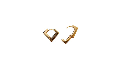 Gold diamond shape hoop earrings on a white background
