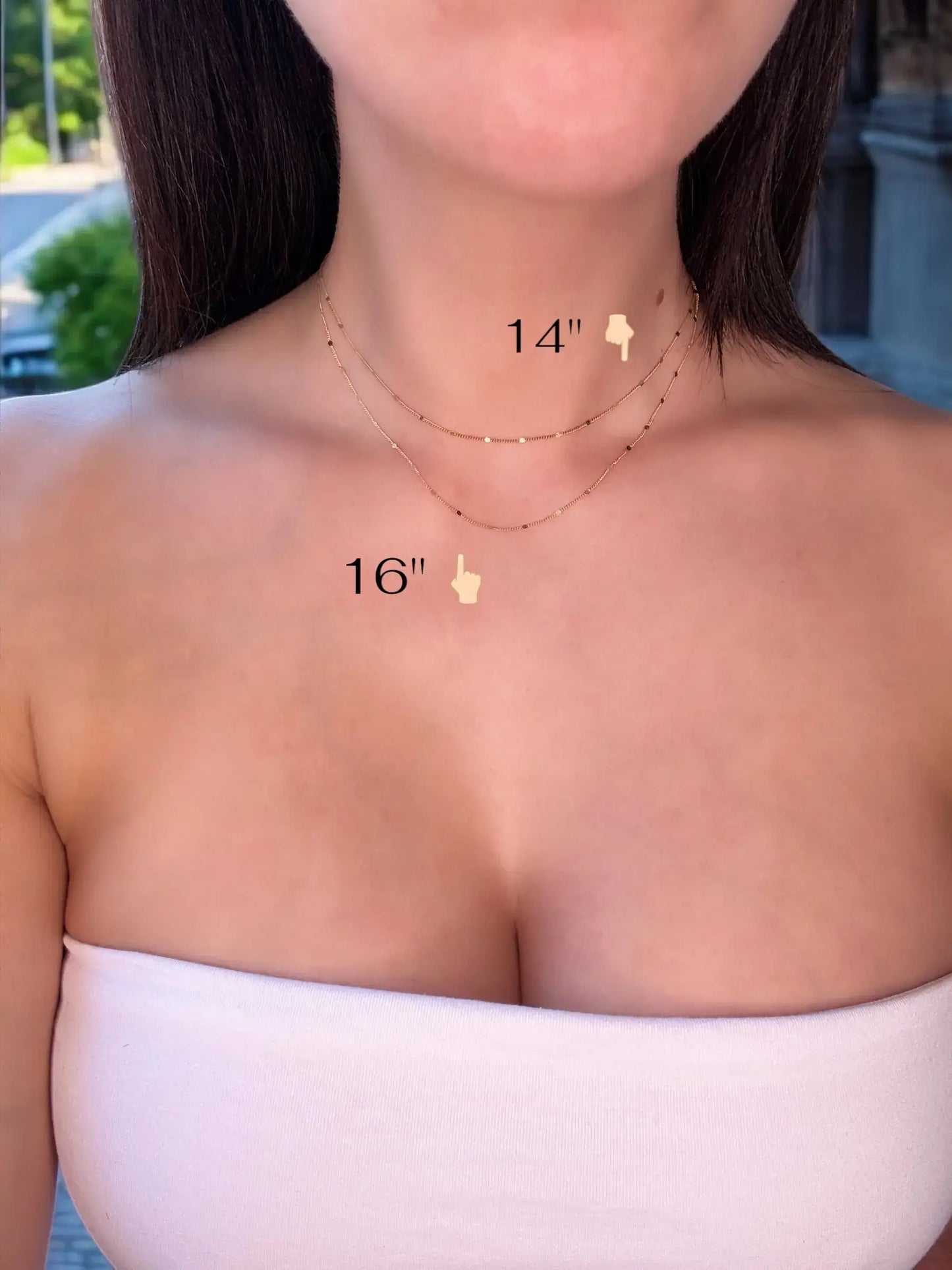 Necklace on a person with measurements indicated