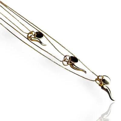 A gold-colored Italian Horn Pendant Necklace with a diamond cut chain, displayed on a white background.